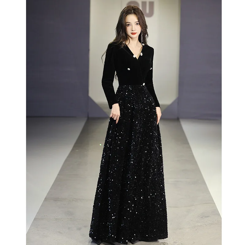 Evening Dress Black Long Sleeve 2024 New Banquet Socialite Temperament Art Exam Host Formal Fall Women's Clothing