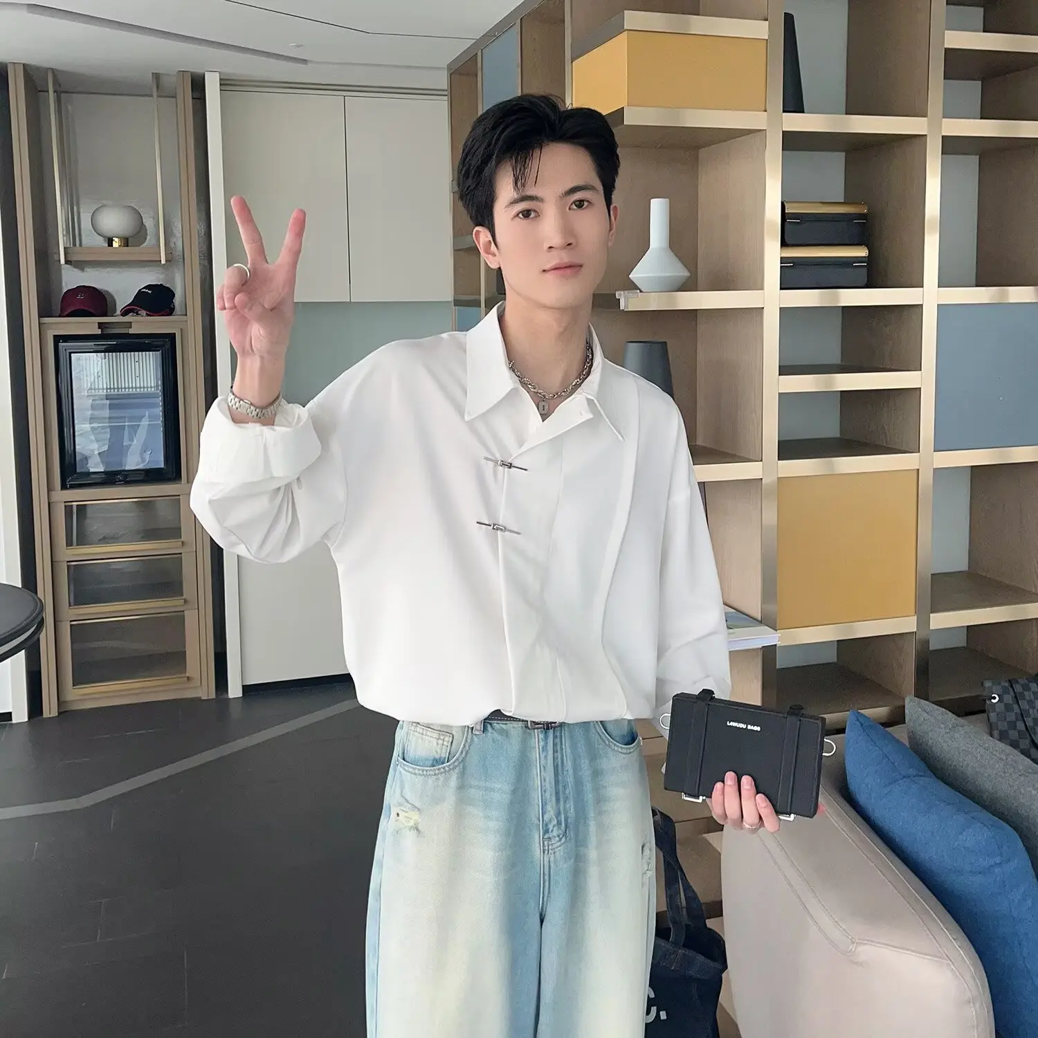 

Autumn Winter Large Size Men's Long Sve Loose Ice Silk Button up irt Traditional Chinese Sle Casual Haome irt