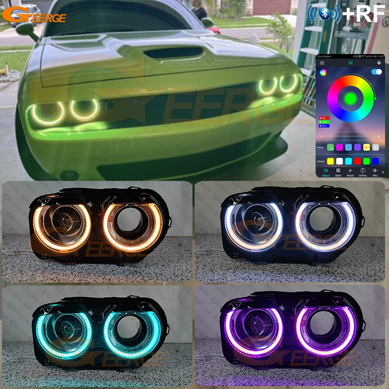 For Dodge Challenger 2015 2016 - 2020 2021 2022 2023 Bluetooth App Ultra Bright Multi Color RGB LED Angel Eyes Kit Halo Rings