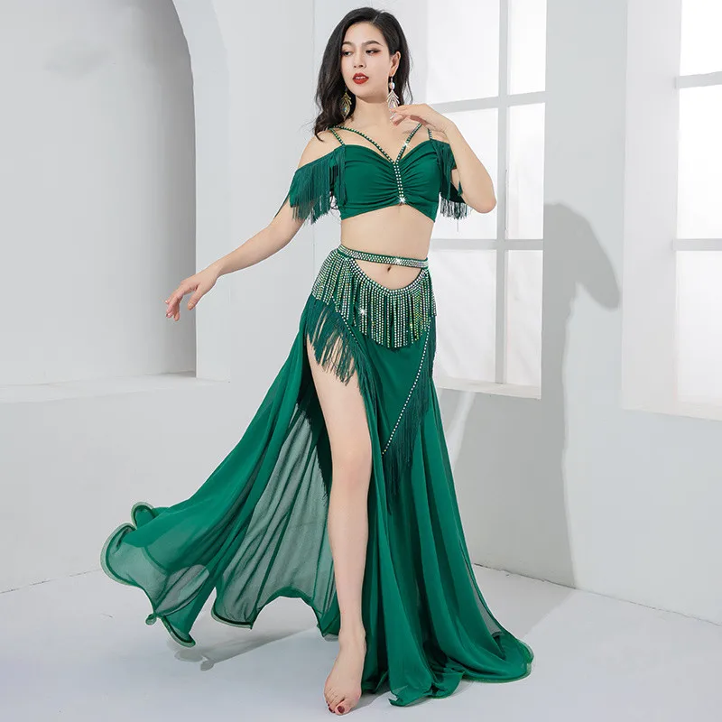 2024 Women Belly Dance Costume Performance Set Fringe Tassel Sexy Skirt 2 Piece Set Rave Top Shine Sparkle Competition Clothes