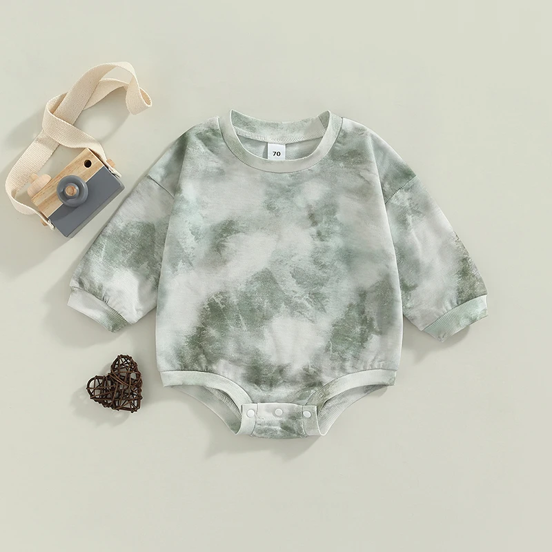 Autumn Spring Baby Girls Boys Sweatshirt Romper Long Sleeve Tie-Dye Printing Button Jumpsuit Fashion Infant Newborn Clothes