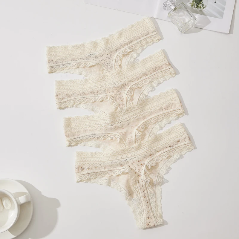 4PCS Women's Thongs T-back panties Sexy lace Low-rise panties Floral patterns Matching sets Fresh and cute underwear
