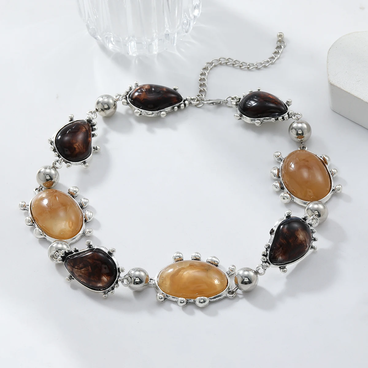 ZAA New Vintage Resin Gemstone Choker Necklace for Women Big Tiger Eye Stone Collar Fashion Jewelry Gifts