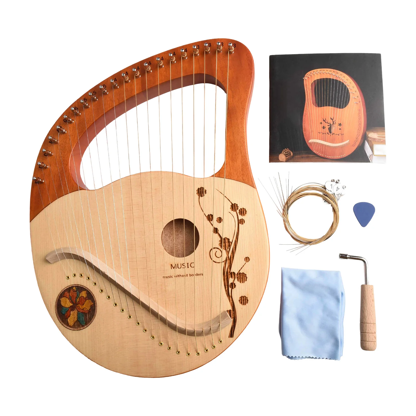 Music Instrument Lyre Lyre 21 Strings Lyre Harp Mahogany Tuning Wrench 39*29*3cm Deer Lotus Outer Space Wild Goose