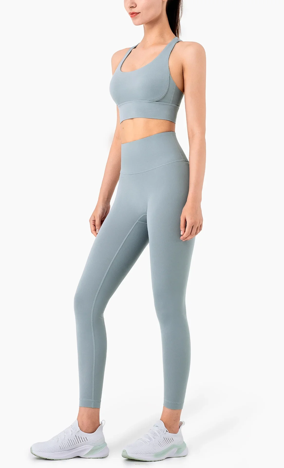 Damen Zweiteiliger Yoga-Anzug in Unifarbe, Hochintensiver Rückenfreier Yoga-BH, Hochgeschnittene Hüftlift-Leggings, Lauf- und Trainingsset – Detail 18
