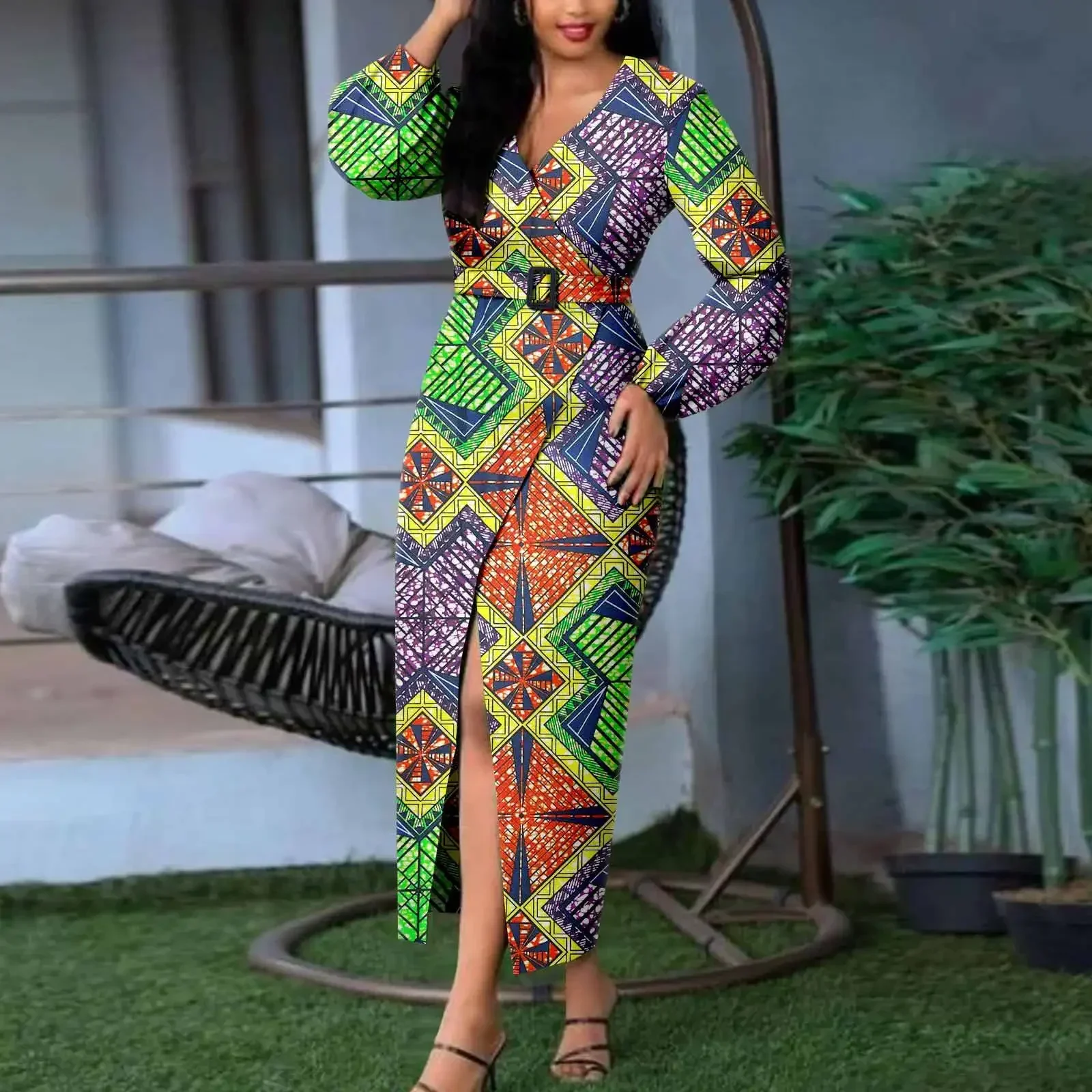 African Print Dresses for Women V-neck Long Sleeve High Waist Elegant Dress with Belt Ankara Clothes Dress Floral Wear A2225035