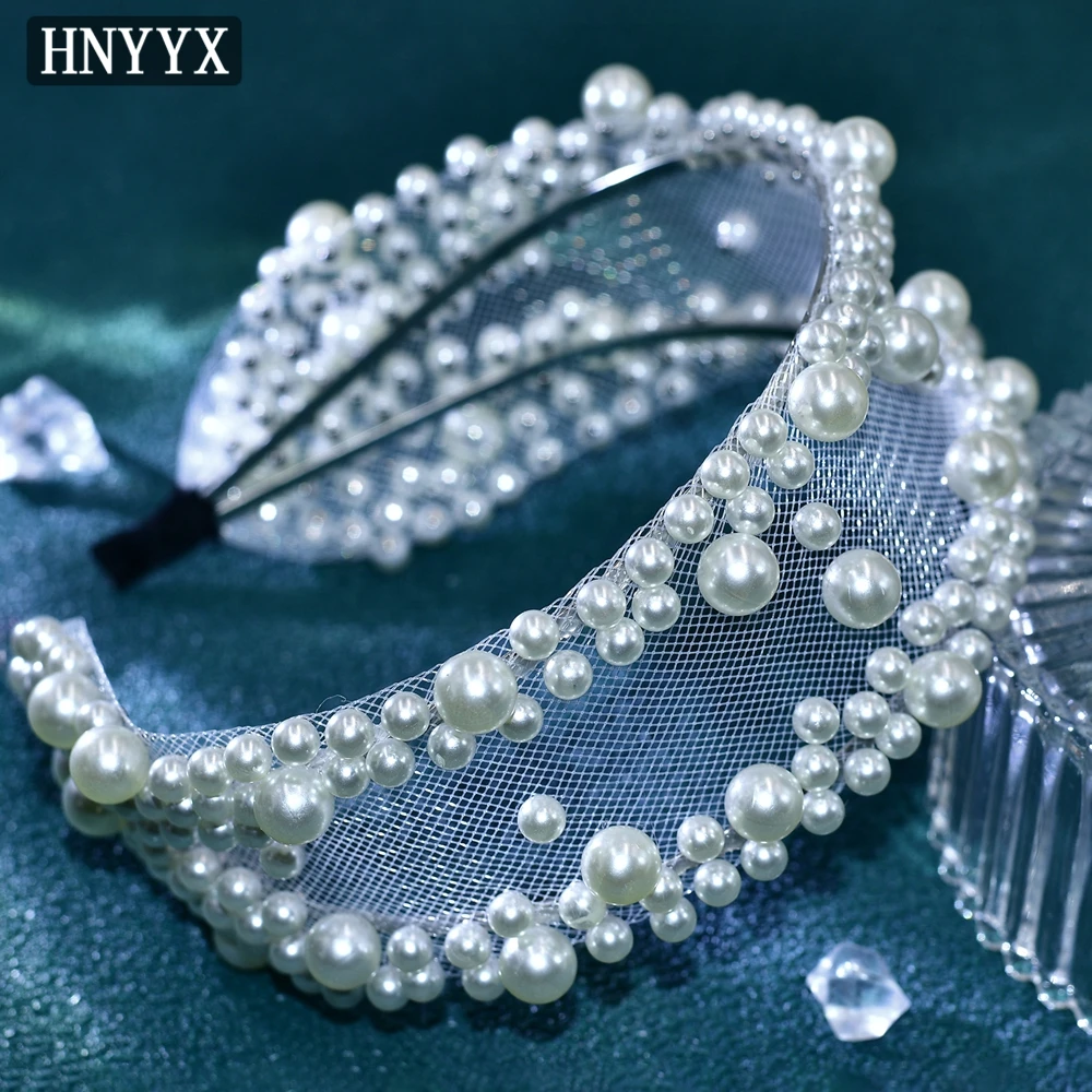 HNYYX Pearl Headband Fashion Wide Hair Hoop Alloy Hair Wear Party Headdress Wedding Hair Jewelry Festival Hair Piece A67