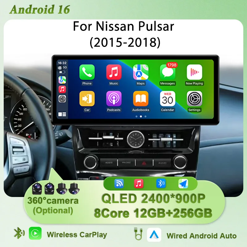 for Nissan Pulsar 2015-2018 Car Radio Multimedia Player 12.3 inch IPS HD Touch Screen Multimedia GPS Wireless CarPlay 4G WiFi BT