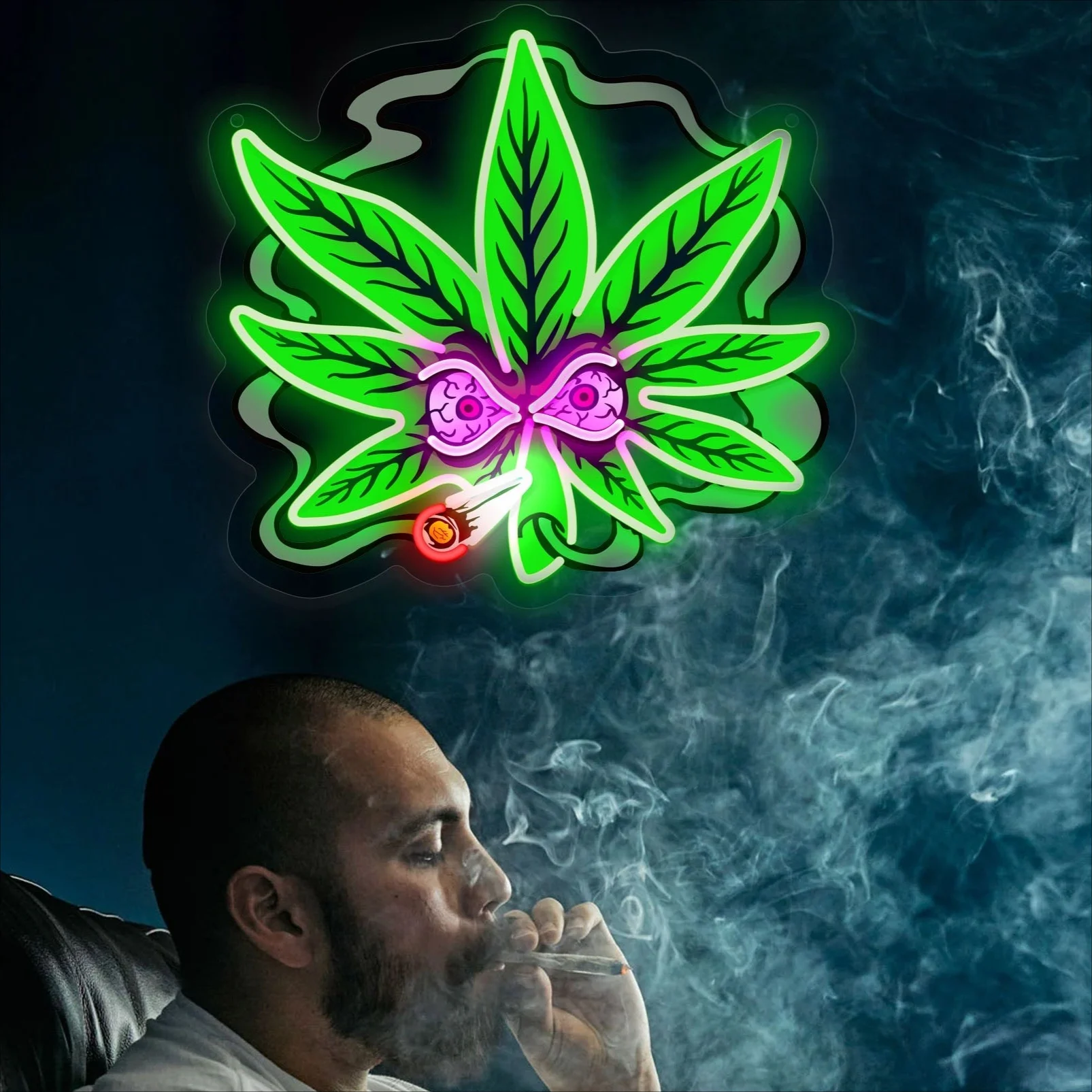 Neonowy szyld w kształcie liścia, neonowy szyld \"Smoking\", zasilany przez USB, ściemnialny, do dekoracji biznesu, baru piwnego, domu, na imprezę, do klubu, męskiej jaskini, pubu, idealny na prezent.