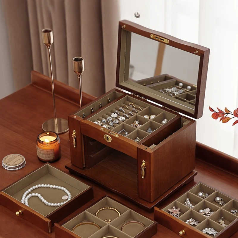 나무 보석 보관 상자 거울 잠금 보석 상자 대형 팔찌 목걸이 보석 보관 케이스 귀걸이 반지 팔찌 주최자