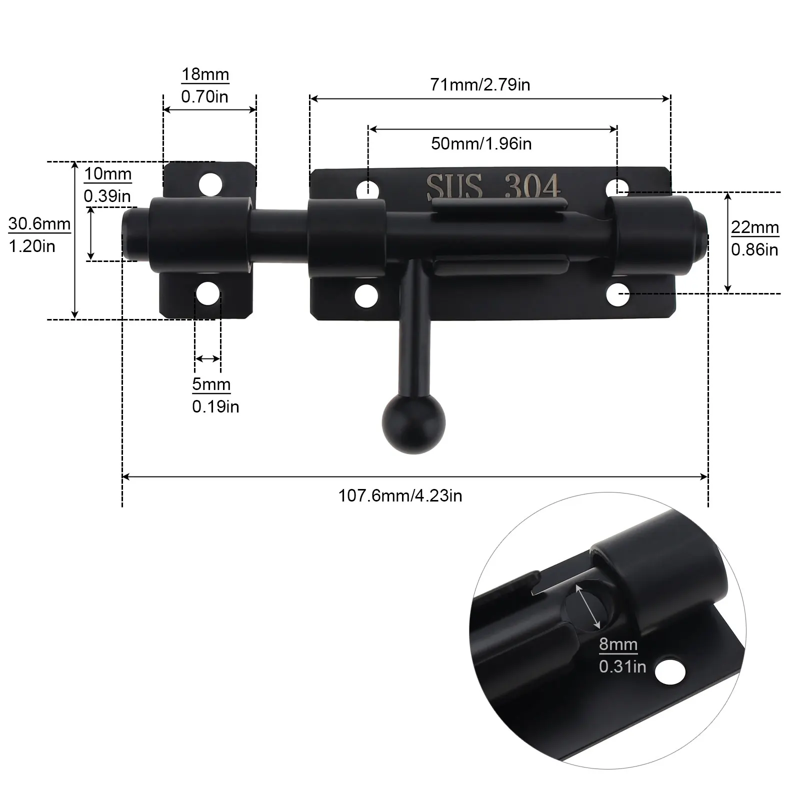 4 Inch Thickened 304 Stainless Steel Barrel Bolt Door Latch for Door Window Cabinet with 8mm  Padlock Hole Black Slide Door Lock