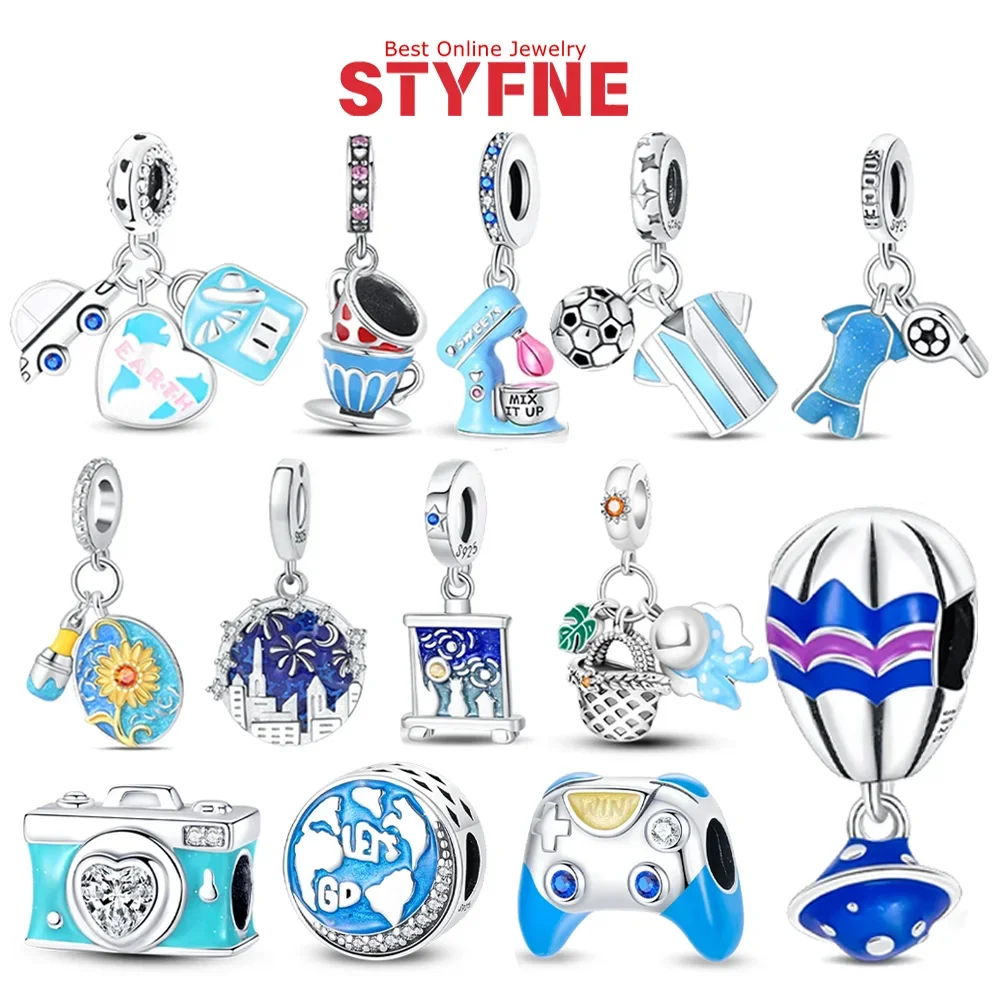

Blue Series Silver 925 Camera Game Machine Football Jersey Beads Pendant Fit Woman Bracelet Necklace Jewelry Charms DIY Gift