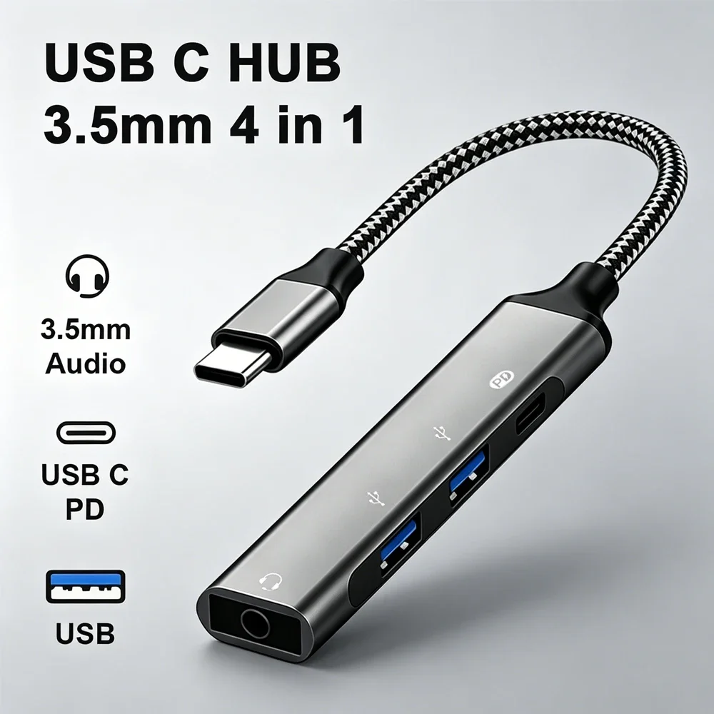 4 In1 Aluminum Alloys USB C Splitter Multiple Port Expansion Adapters Suitable for MacBook, Laptop, Mobile Phone and Other Devic