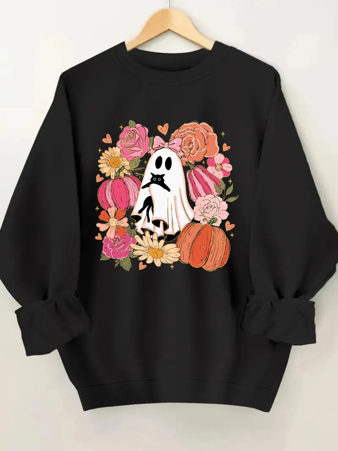 Women's Crew Neck Pullover Sweatshirt Ghost Pumpkin Floral Design, Soft Casual Long Sleeve, Daily Casual Top Outfit, Winter Women's Clothing, Halloween Costume Outfit