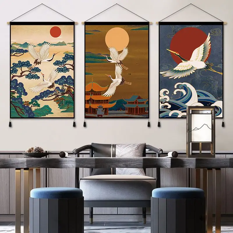 Japanese Crane Wafu Tapestry Wall Hanging - Cotton Linen Electric Box Cover for Izakaya, Sushi Restaurant & BnB Wall Decor​