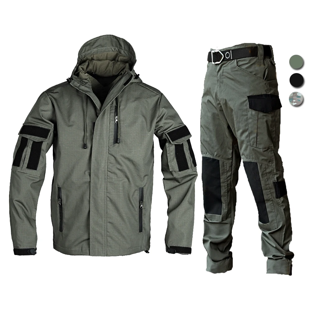 Tactical Windbreaker Set Men\'s  Waterproof Suits Outdoor Hunting Clothing Camping Outfits Windproof Hooded Jackets Pants