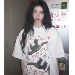 American Retro Finger Letter Printed Women's Summer Short-sleeved T-shirt Loose Hiphop Cotton Casual Top White Oversized Clothes