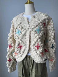 Women Handmade Knitted Embroidered Flower Bobble Cardigan Twist Chunky Sweater2024 WIinter Coat Pullover