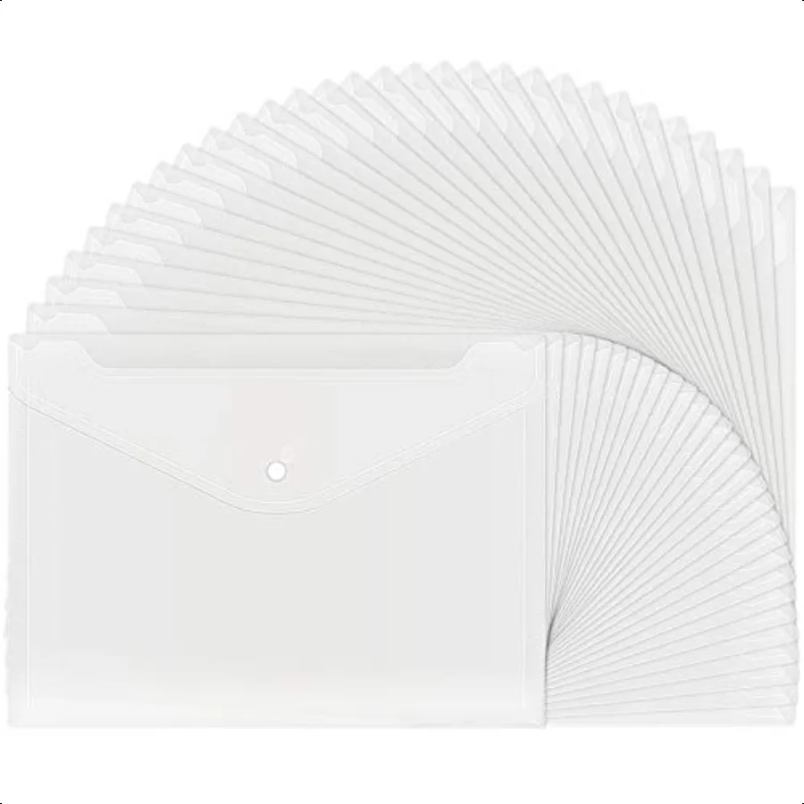 

30pcs Plastic Envelopes Clear Reusable Poly Envelope Waterproof File Folder with Snap Button US Letter A4 Size for School Offic