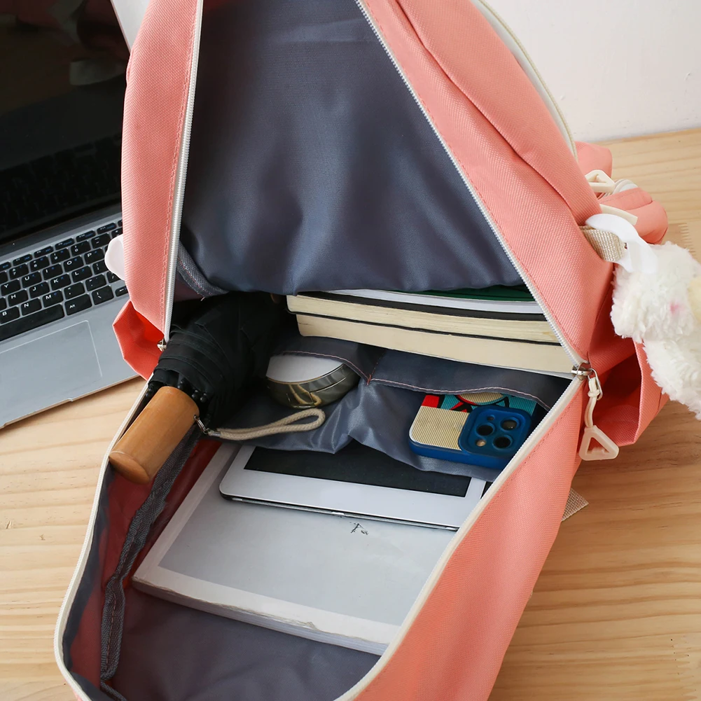 5pcs Backpack Combo Set Large Capacity Patchwork Handbag Canvas Students Lightweight Bookbag Daypack with Anti-Theft Pocket Kit
