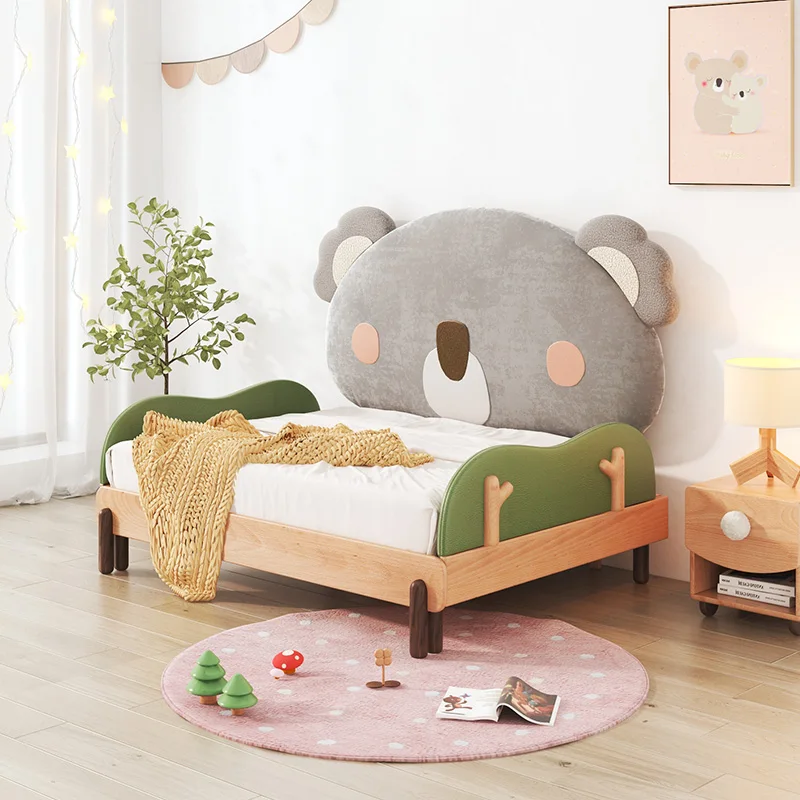 

Cartoon Style Bear Headboard Adjustable Wood Frame Upholstered Kids Bed Children