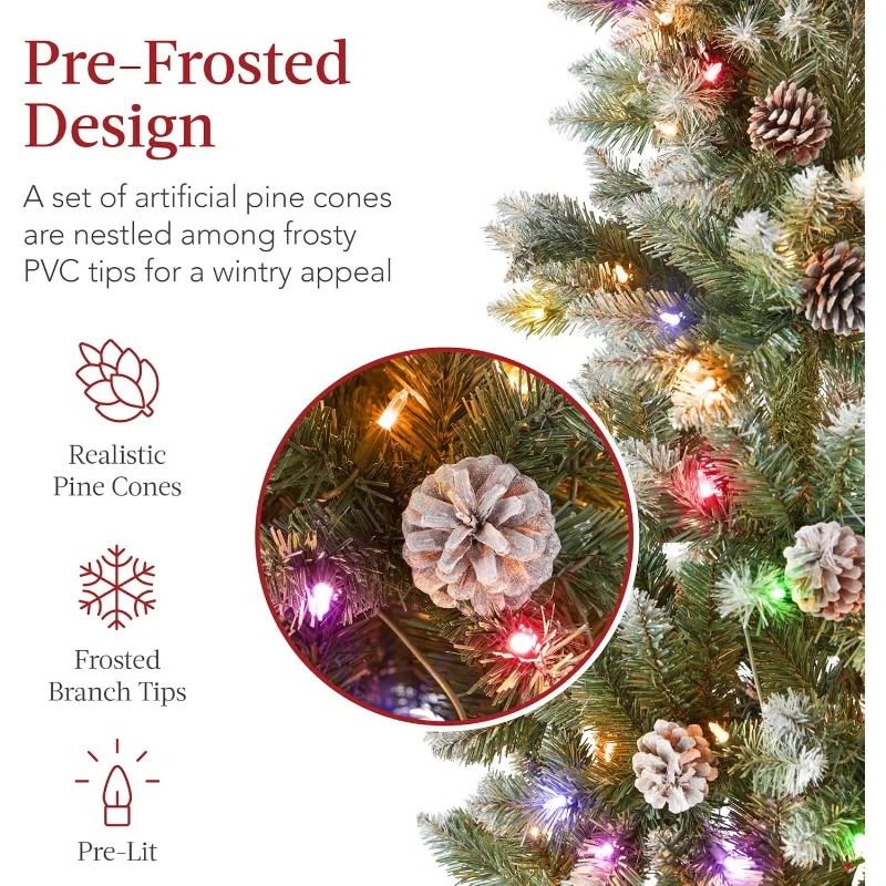 12ft Pre-lit Pencil Christmas Tree, Partially Flocked & Frosted Slim Holiday Tree Decoration W/White & Multicolor 2-in-1 Lights