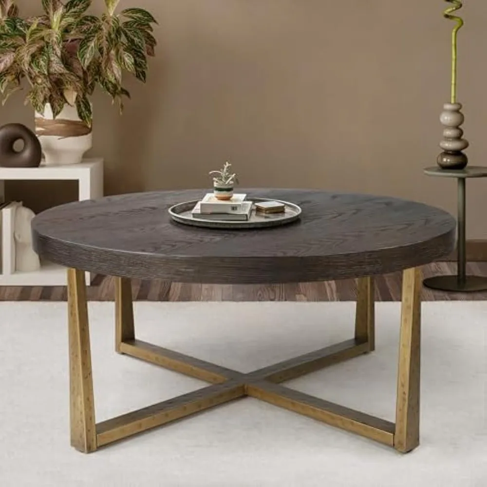 Mesa de centro redonda, mesa de centro de madera moderna para sala de estar con pata de metal dorado de 36" de diámetro