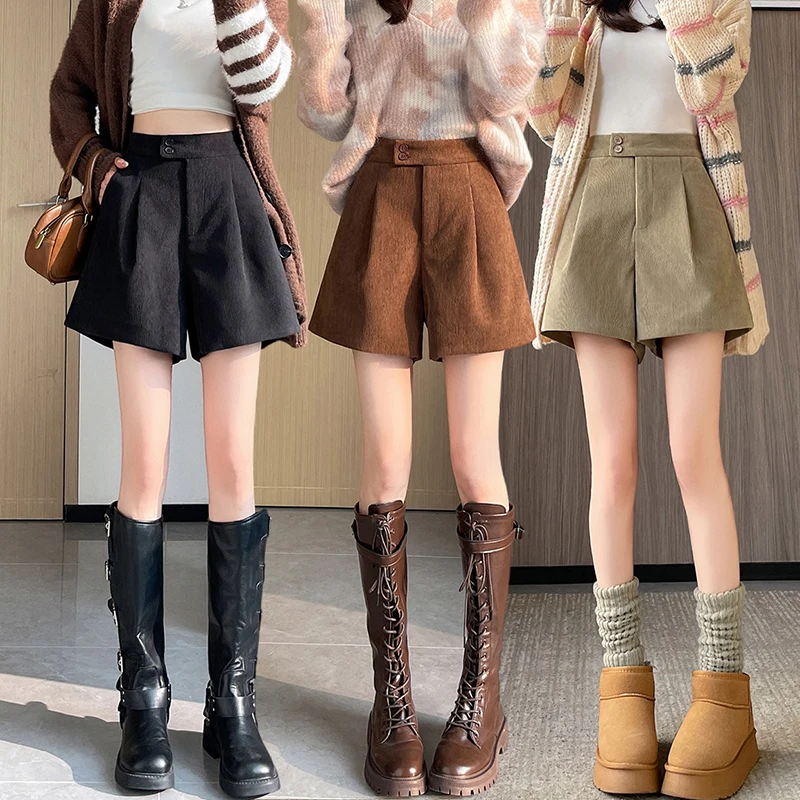 Herfst Winter Corduroy Shorts Dames Hoge taille Afslankende A-lijn Shorts Modieuze Casual Uitloper Bootbroek