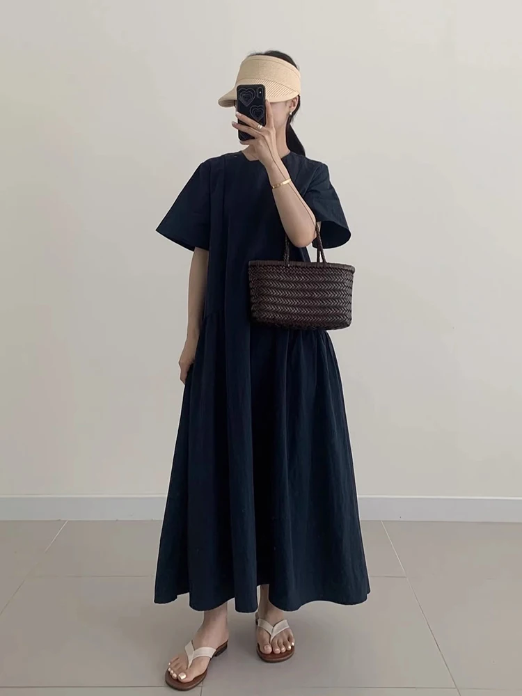 Chic été Anti-âge rond Ne épissure plissé ample décontracté bulle Sve couleur longue Dr coréen Sle taille ample