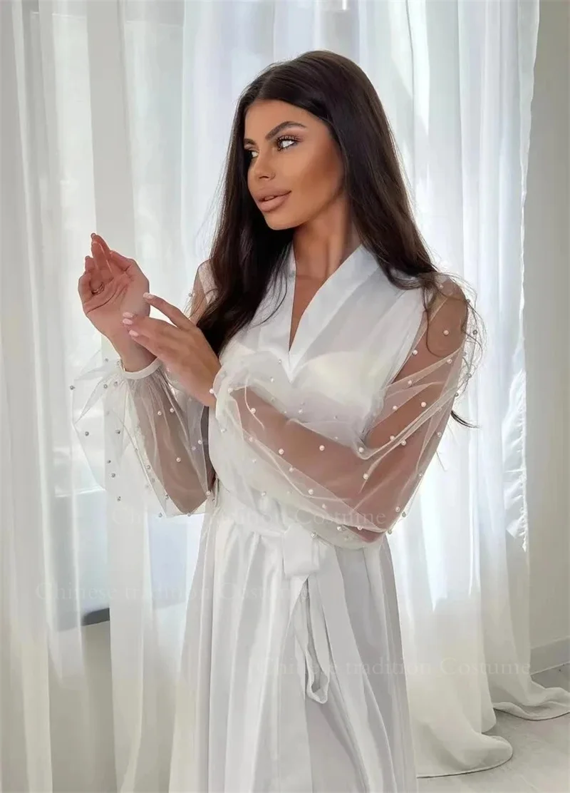 Luxury Pearl Mesh Wedding Bride Robe Long Loose Kimono Lady Sexy Satin Nightdress Summer Spring Morning Dressing Gown Loungewear