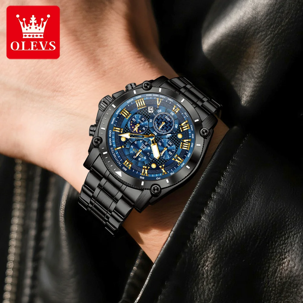 OLEVS 3689 Orologio da uomo Orologio al quarzo di marca di lusso Classico quadrante grande Cronografo con fasi lunari Orologio impermeabile Orologio da uomo originale