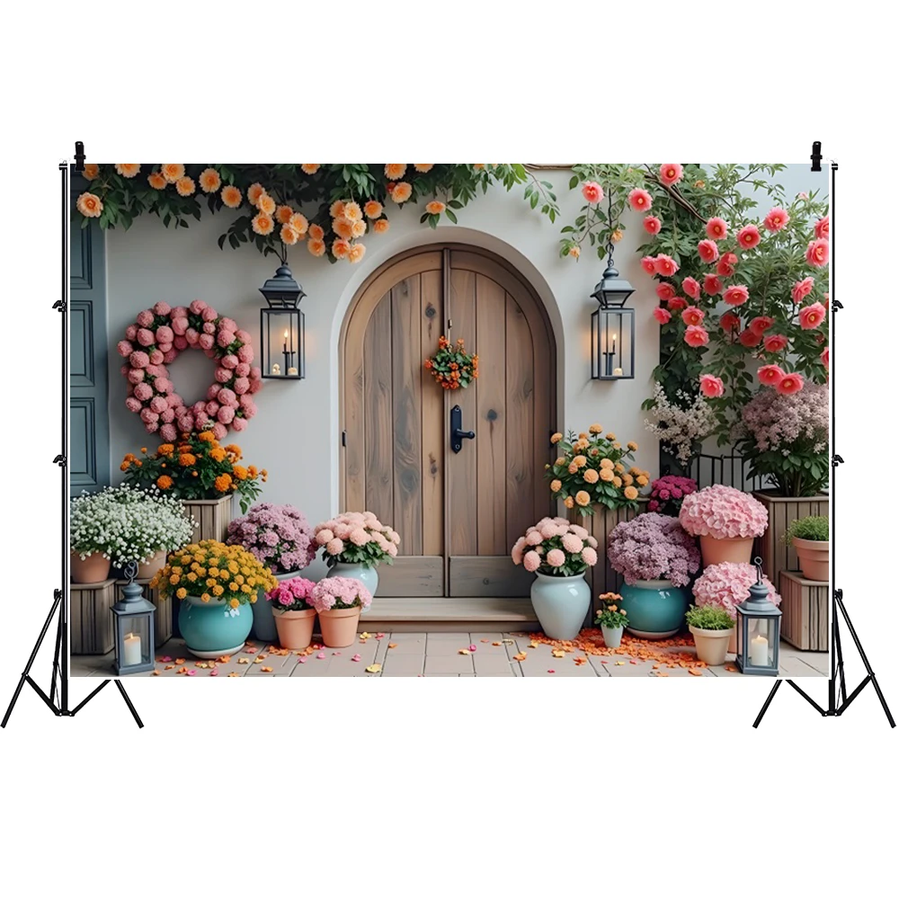 소박한 꽃 집 웨딩 사진 배경 아치 문짝 나무 보드 바닥, 아기 초상화 배경 사진 스튜디오 소품