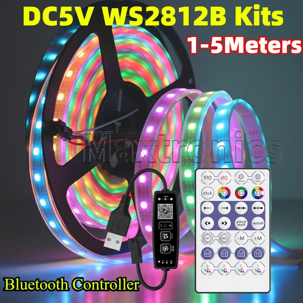 Kit de tira de luces LED inteligente WS2812B de 1-5 metros RGB direccionable individualmente IP30/65/67 DC5V y controlador LED de música Bluetooth de 28 teclas