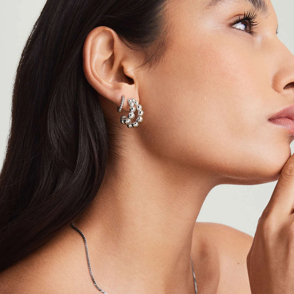 Punk Double Layer Small Beads Ball C Shape Hollow Stud Earrings for Women Stainless Steel Personalized Fashion Jewelry