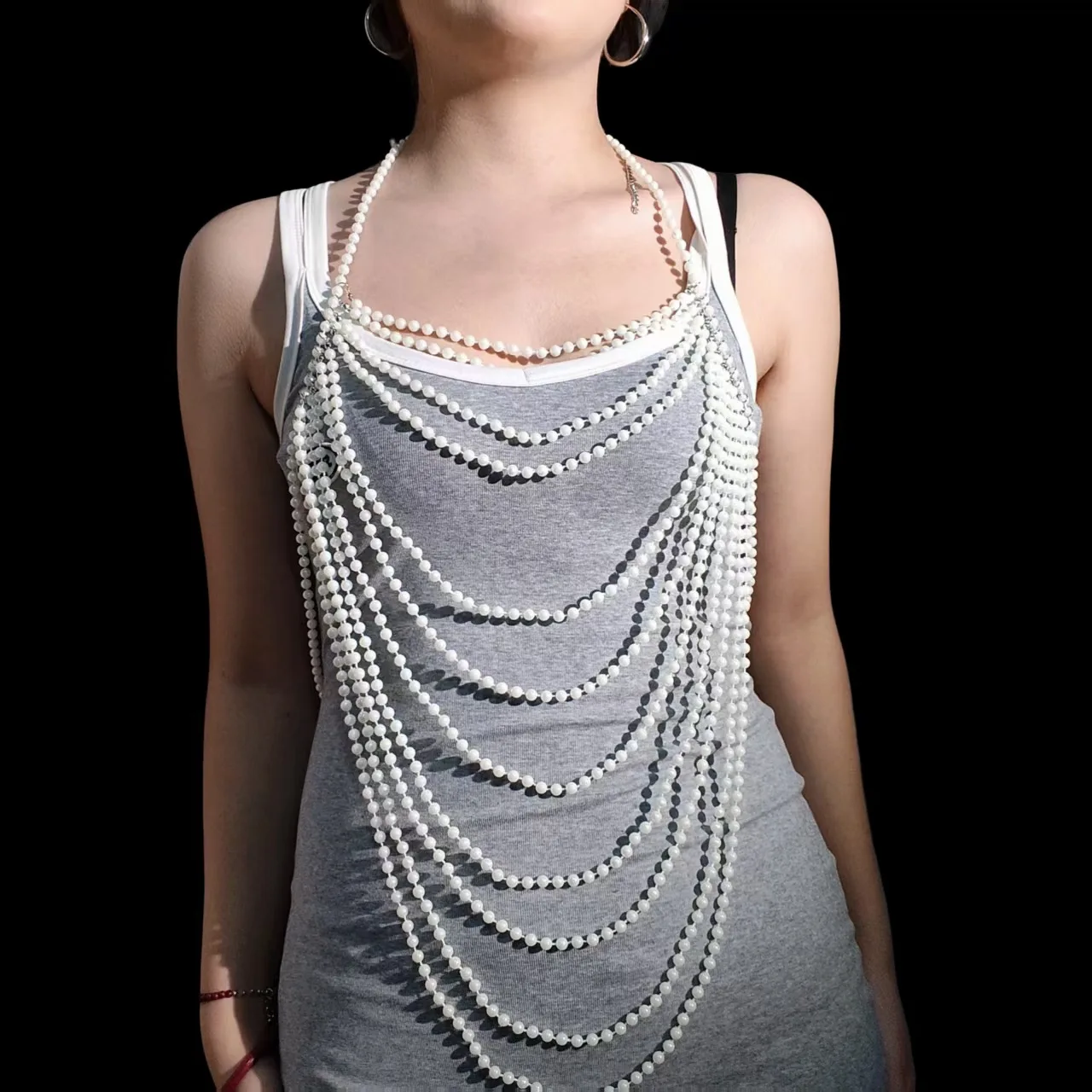 Halter Neck Big V Shape Body Chain Graduated Round Arc Draped Long Necklace Matrix Layered Chest Belly Cover Statement Jewelry