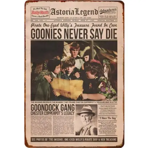 Vintage Goonies Never Say Die Metal Sign  1980s Cult Classic Movie-Aluminum