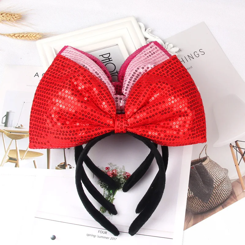 Big square Minnie Mouse Bow Headband Sequin Hairband Girls Hair Accessories Glitter Headwear Women Party Christmas Headband