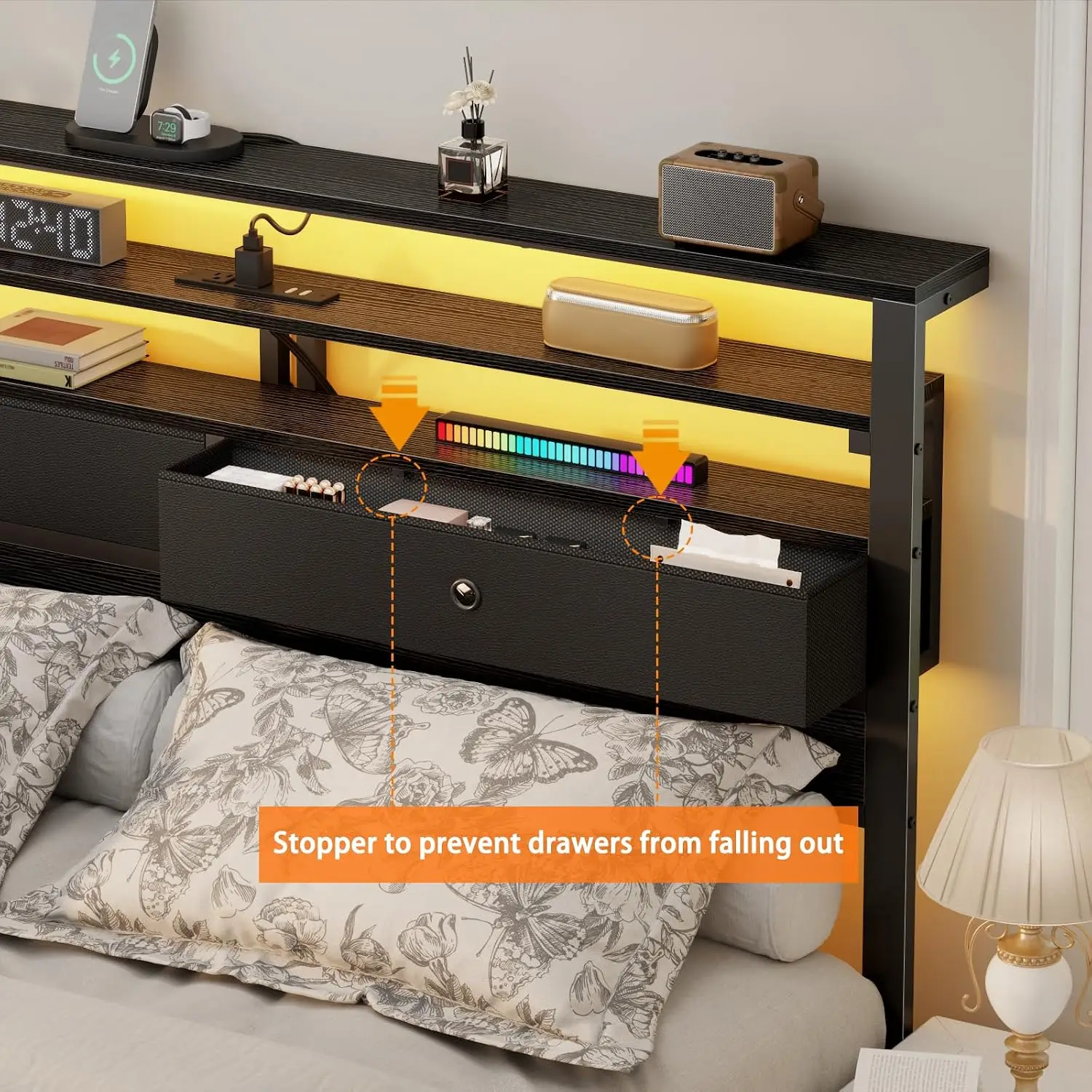 Queen Frame with Headboard, Built-in Charging Station | 3-Tier Storage Shelves with LED Lights and 2 Fabric Drawers, Customized