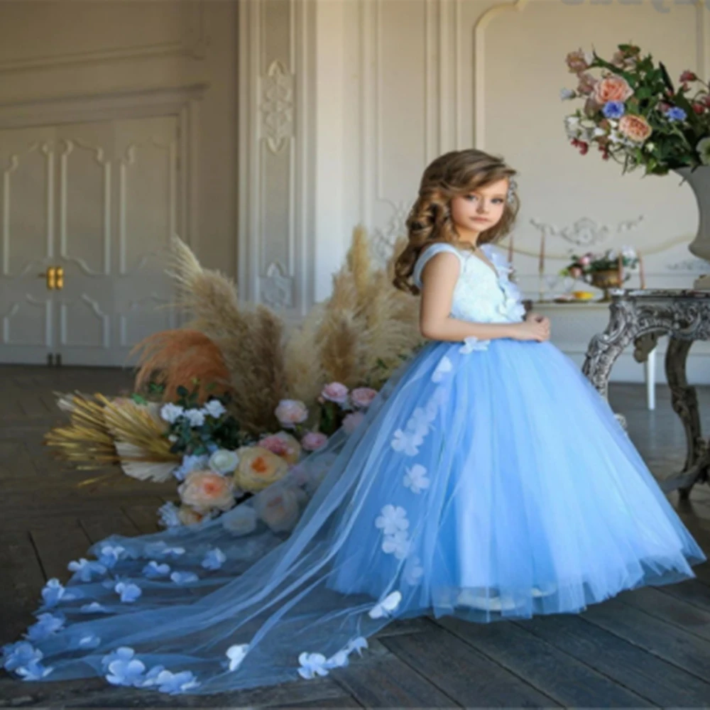 Robe à Fleurs en Tulle Bleu pour Fille, Élégante, Bouffante, en Dentelle 3D, pour ixd'Anniversaire, Premier Enfant