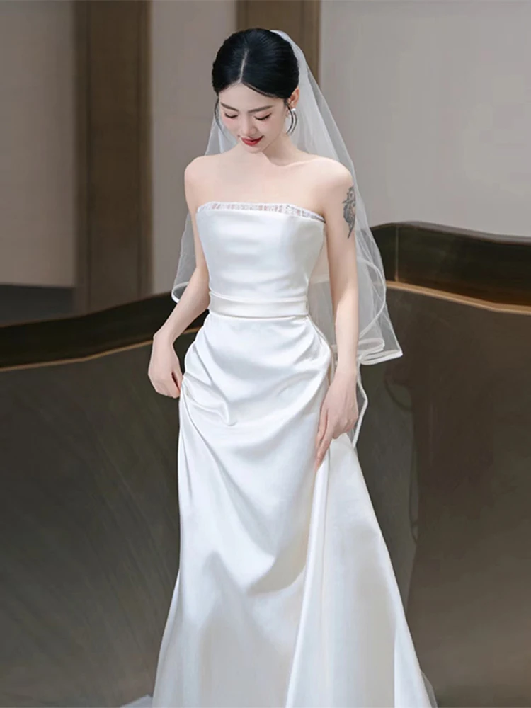 

Ретро-сатиновое свадебное платье без бретелек, простое, высококачественное, для торжественных мероприятий в отеле/закрытых помещениях