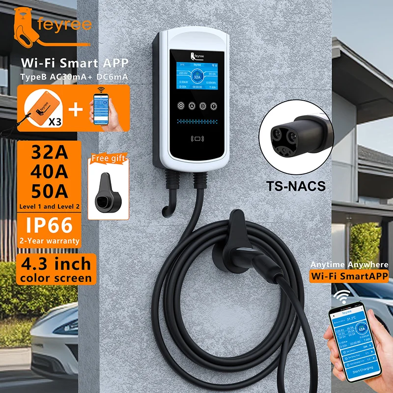 

feyree EV Charging Station 32A 7KW TS-NACS Cord Electric Vehicle Tesla Car Charger EVSE Wallbox 9.6KW 12KW 5m Cable APP Control