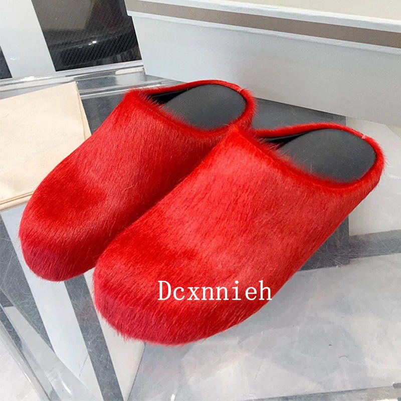 Spring Simple Solid Color Horse Hair Slippers Comfortable Lazy Homemakers Mules Outdoor Vacation and Leisure Versatile Shoes