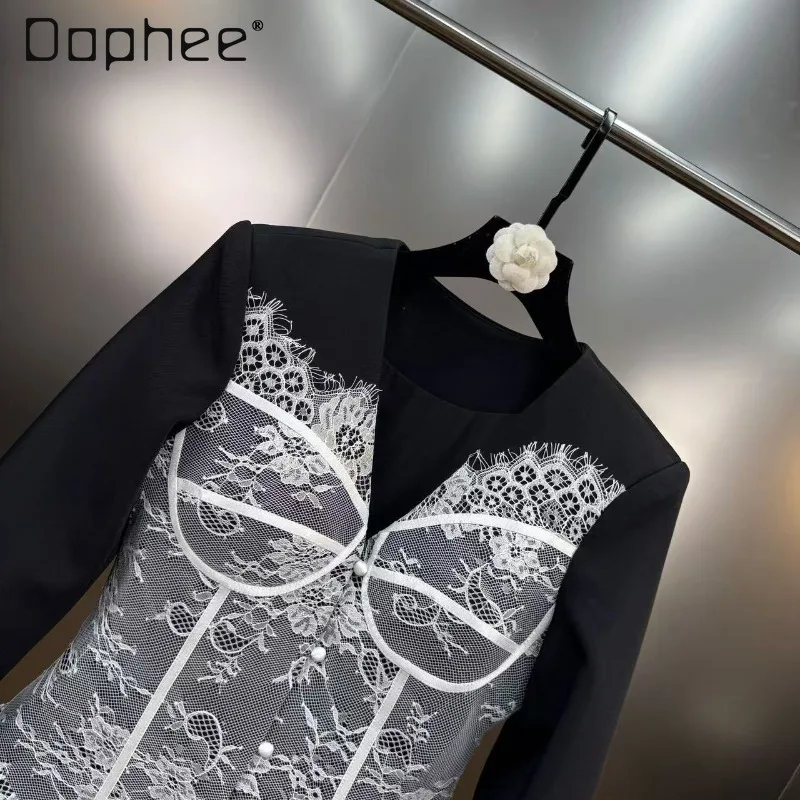 سترة أنيقة لخريف 2025 متعددة الاستخدامات مُزينة بالدانتيل مكونة من قطعتين وأكمام طويلة ورقبة على شكل حرف v سترة كورية أنيقة عصرية راقية