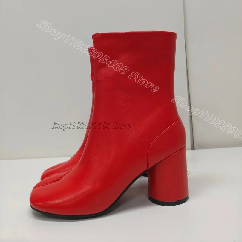 

Red Matte Leather Split Toe Boots Chunky Heels British Style Side Zipper Women New Party Dress Shoes 2024 Zapatos Para Mujere