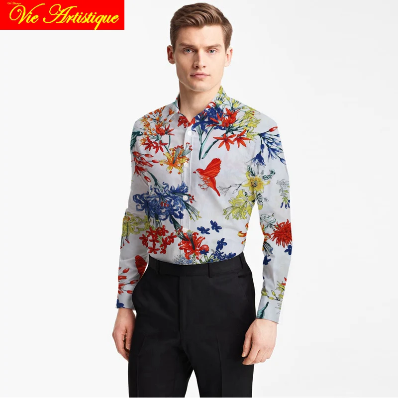 

Designer Custom Tailor Made Men's Bespoke Cotton Floral Shirts Business Formal Wedding Ware Blouse White Print Bird Blue Flower