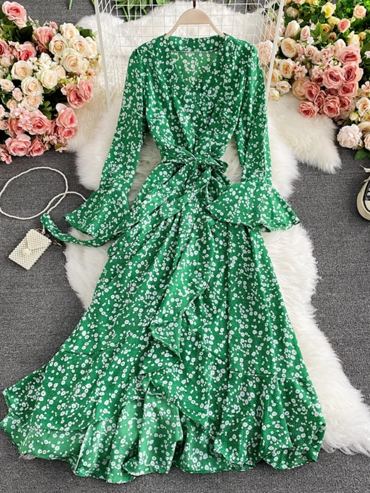 

Spring Fashion Print Chiffon Party Vacation Dress Women Elegant V-neck Flare Sleeves Ruffle Edge Slim Robe Vestiods