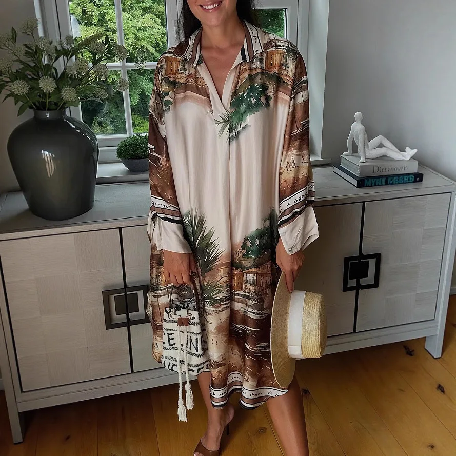 

Fashion Printed Long Sleeved Dress Women Autumn Casual Loose V-neck Dress For Women 2025