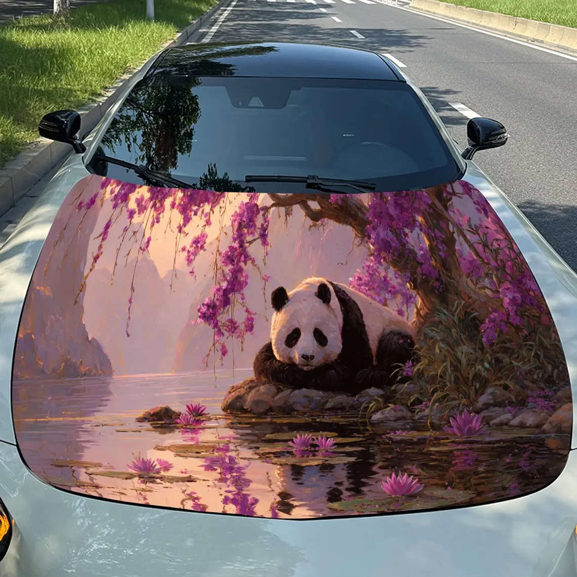 

Charming Panda in Scenic Landscape Car Engine Hood Sticker, Auto Vinyl Wraps, Waterproof Self-adhesive Vehicle Decal, Durable &