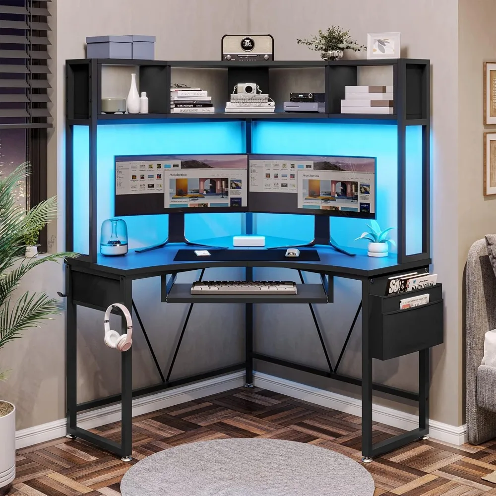

Corner Desk, Small Computer Desk with Hutch & LED Lights, Triangle Corner Computer Desk with Keyboard Tray, Storage Bag,