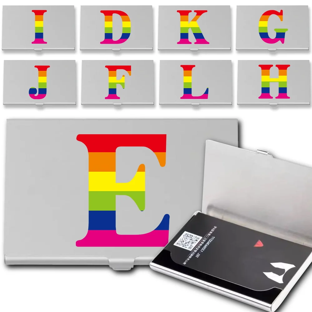 

Office Business Card Holder Slim Metal Visiting Card Case Credit Card Organizer Postcard Storage Box Rainbow Letter Pattern